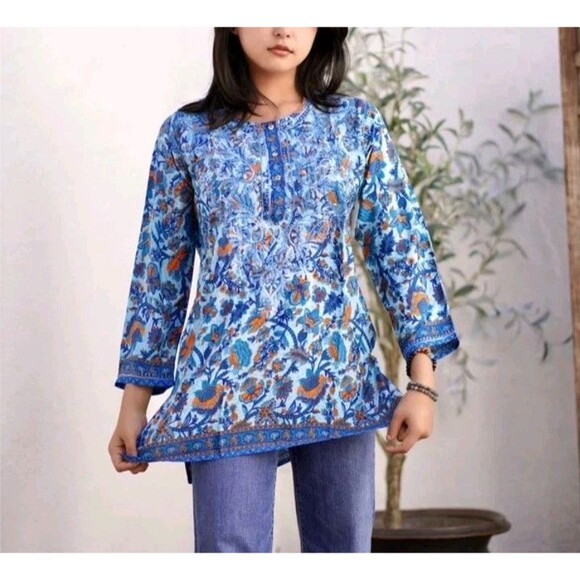 Dolma Silk Blend Floral Blue Tunic Hand Embroidered Henley Bohemian Indian Sz M - Picture 3 of 12